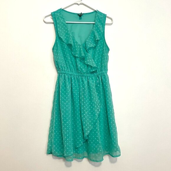 VANITY Aqua Seafoam Green Blue Swiss Dot Textured Mini Surplice Faux Wrap Dress - Picture 2 of 16